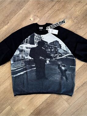BABYLON Photograph Knit Crewneck Raglan Sweater Size Small Boxy Fit